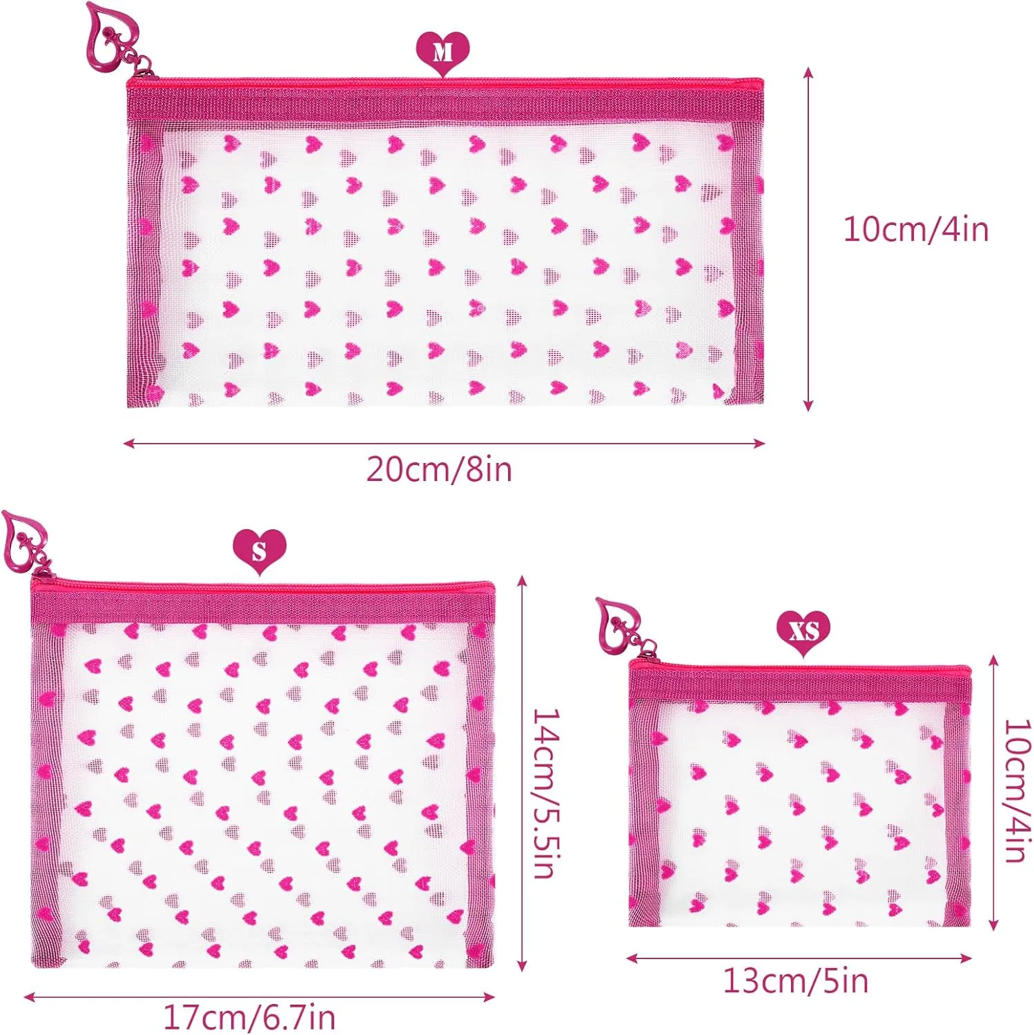 6 Pack Mini Zipper Mesh Makeup Bags, Heart Print Nylon Cosmetic Bags Toiletry Bags for Office Travel Organization (Hot Pink, XS)