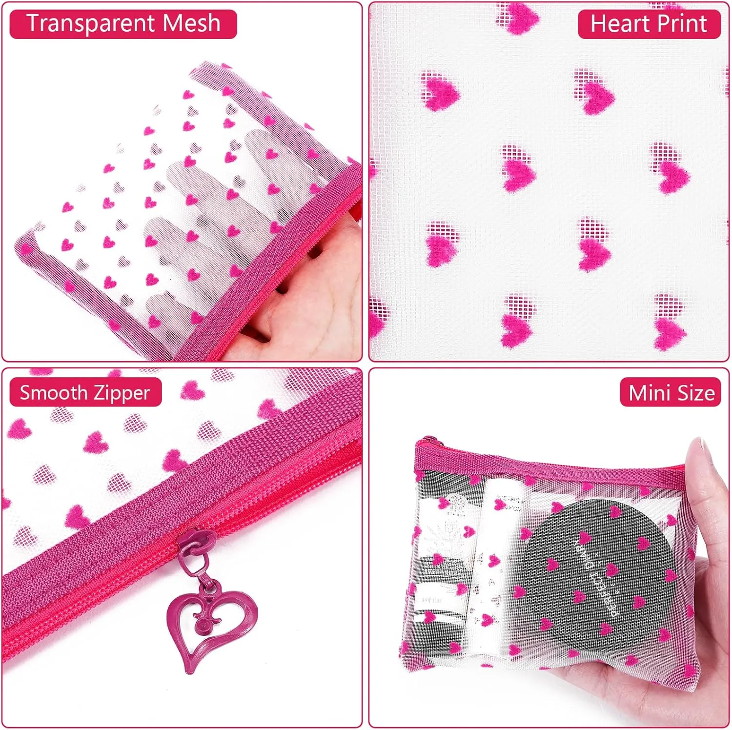 6 Pack Mini Zipper Mesh Makeup Bags, Heart Print Nylon Cosmetic Bags Toiletry Bags for Office Travel Organization (Hot Pink, XS)