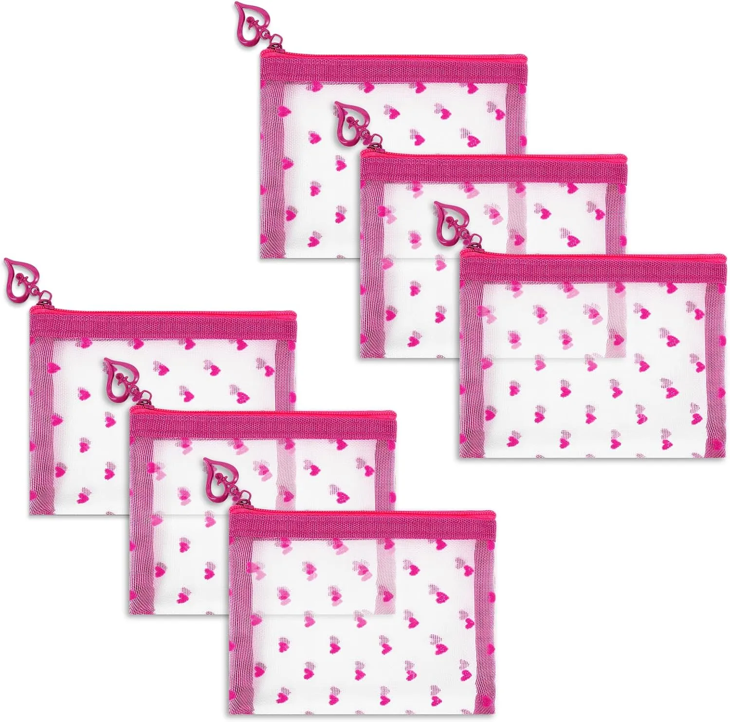 6 Pack Mini Zipper Mesh Makeup Bags, Heart Print Nylon Cosmetic Bags Toiletry Bags for Office Travel Organization (Hot Pink, XS)