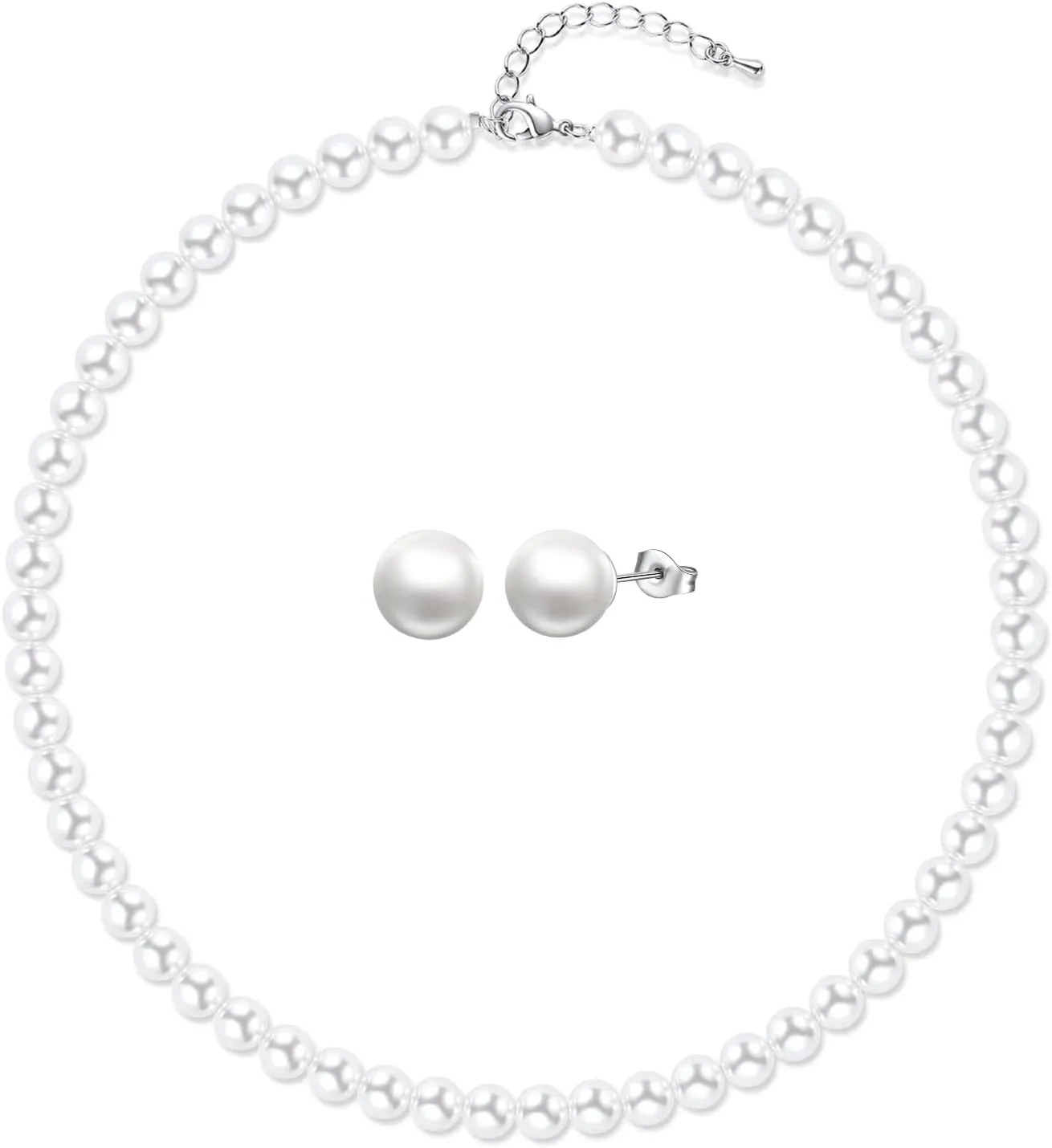 8mm 10mm Faux Pearl Necklace Earrings Set for Women White Black Round Glass Pearl Wedding Jewelry Gifts