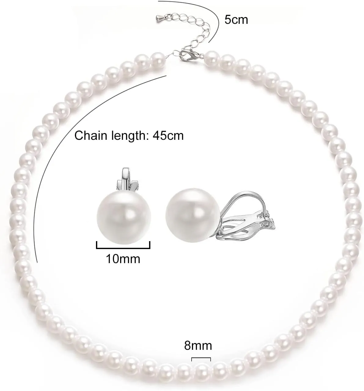8mm 10mm Faux Pearl Necklace Earrings Set for Women White Black Round Glass Pearl Wedding Jewelry Gifts