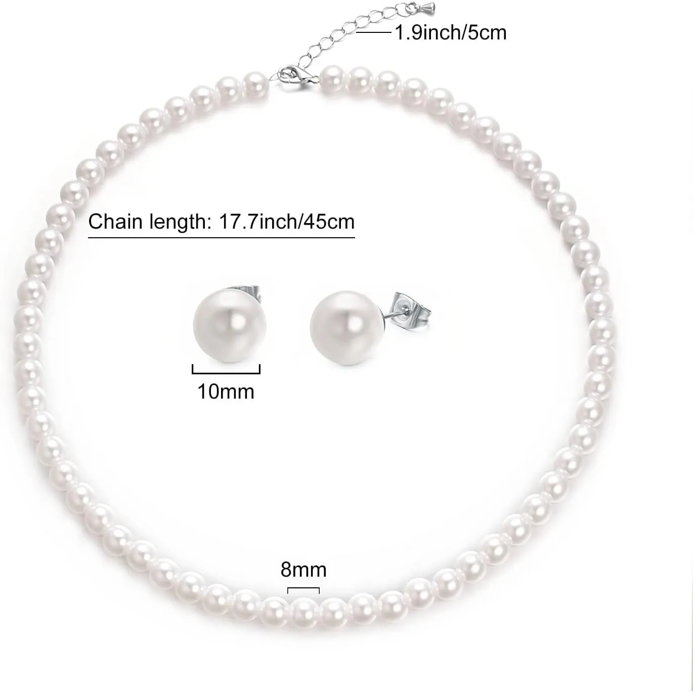 8mm 10mm Faux Pearl Necklace Earrings Set for Women White Black Round Glass Pearl Wedding Jewelry Gifts