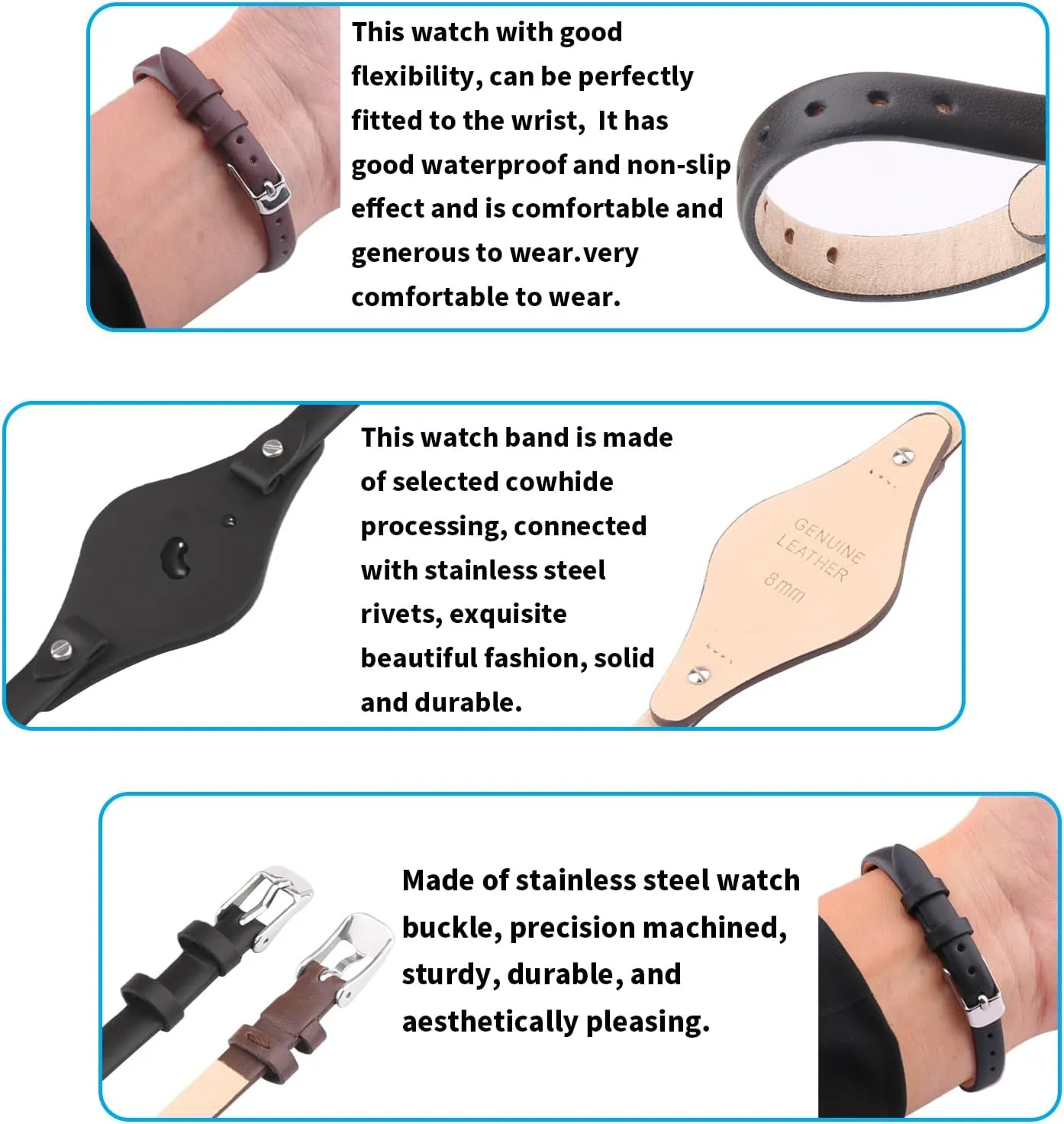 8mm Women Leather Watch Bands Compatible Fit for Fossil 8 mm ES2829 ES2830 ES3060 ES3076 ES3077 ES3148 ES4119 ES4176 ES3262 ES3077 Replacement Watch Strap Wirstband Bracelet For Men and Women