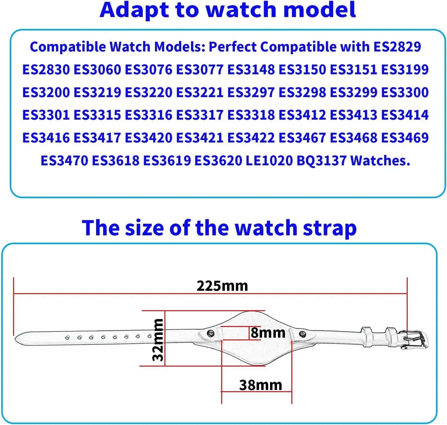 8mm Women Leather Watch Bands Compatible Fit for Fossil 8 mm ES2829 ES2830 ES3060 ES3076 ES3077 ES3148 ES4119 ES4176 ES3262 ES3077 Replacement Watch Strap Wirstband Bracelet For Men and Women