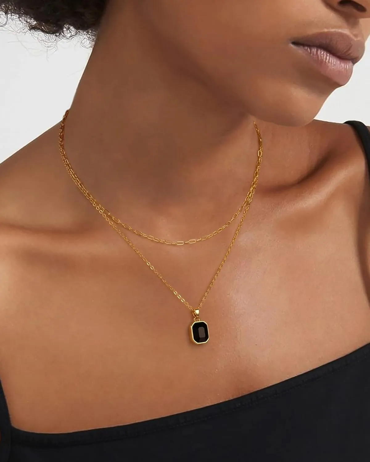 ACECHA Gold Layered Necklaces for Women, 18k Gold Plated Paperclip Chain Choker Necklace with Rectangle Crystal Birthstone Pendant Dainty Emerald Green Jewelry Gifts