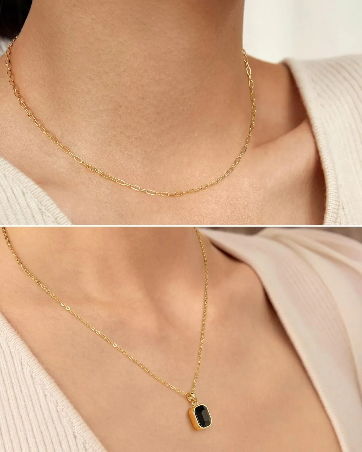 ACECHA Gold Layered Necklaces for Women, 18k Gold Plated Paperclip Chain Choker Necklace with Rectangle Crystal Birthstone Pendant Dainty Emerald Green Jewelry Gifts
