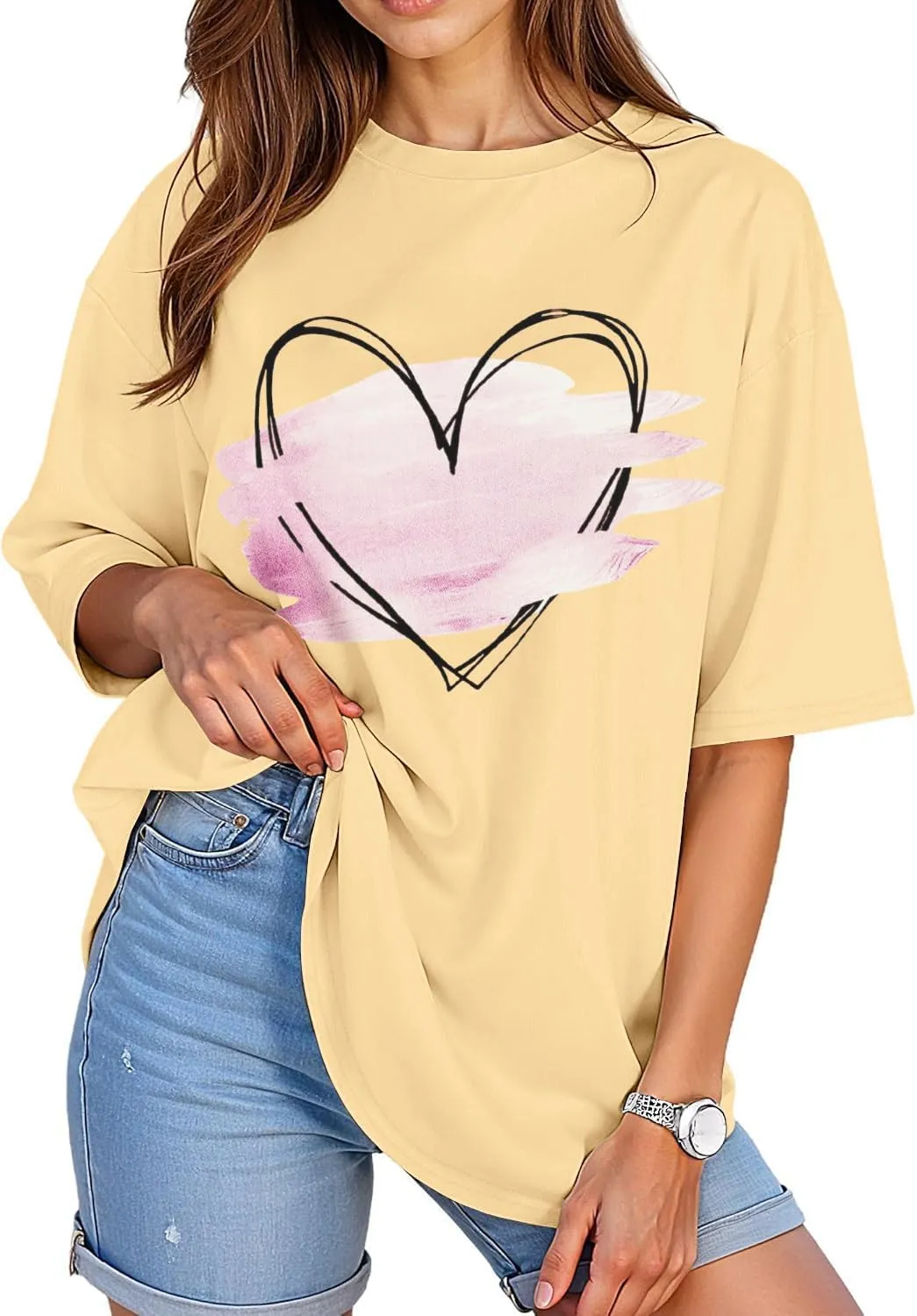 ADOREJOY Oversized Tshirts for Women Crewneck Summer Short Sleeve Loose Graphic Basic Tees