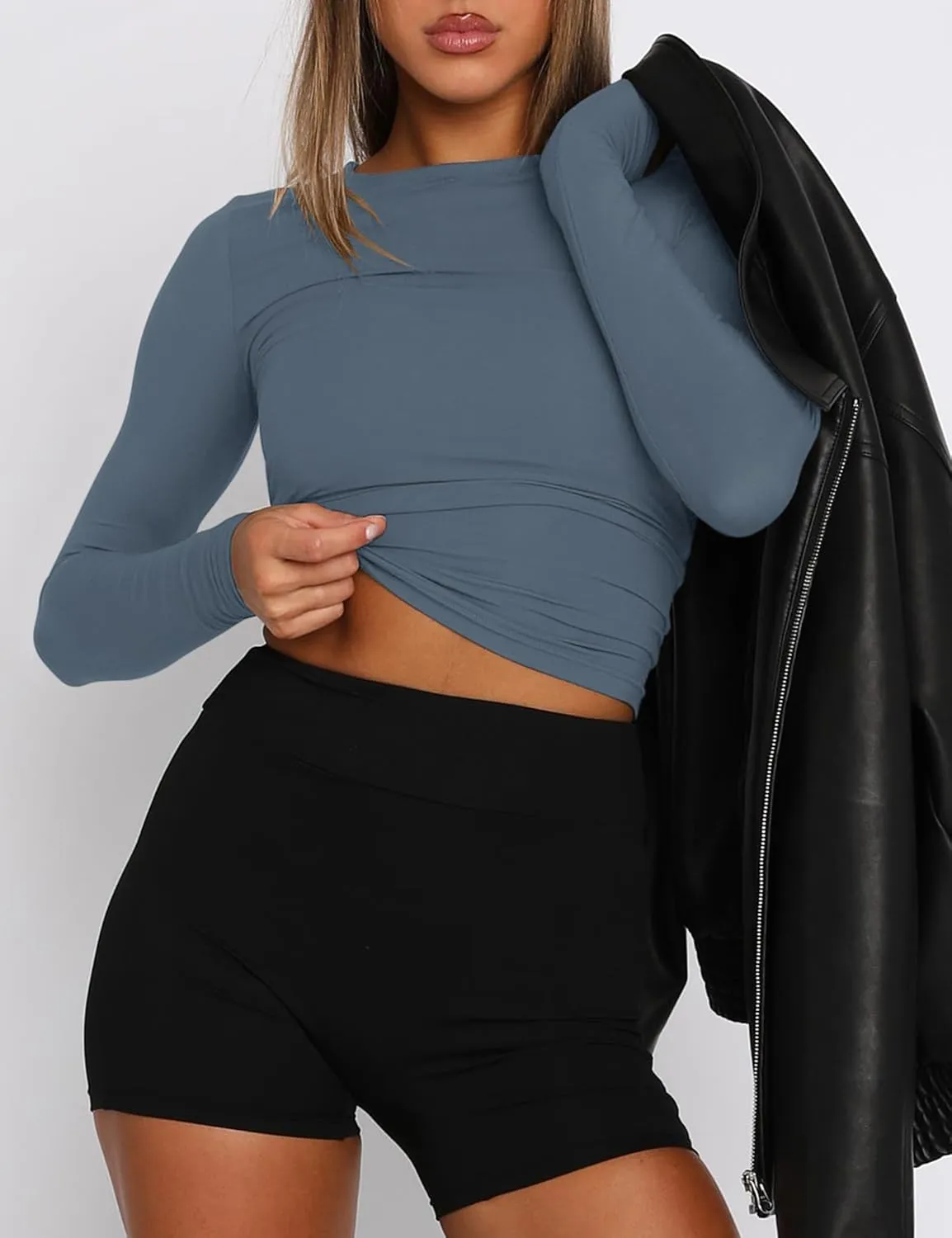 AKEWEI Long Sleeve Crop Tops for Women 2 Pack Fall Going Out Outfits Cute Tight Basic Tees Shirt