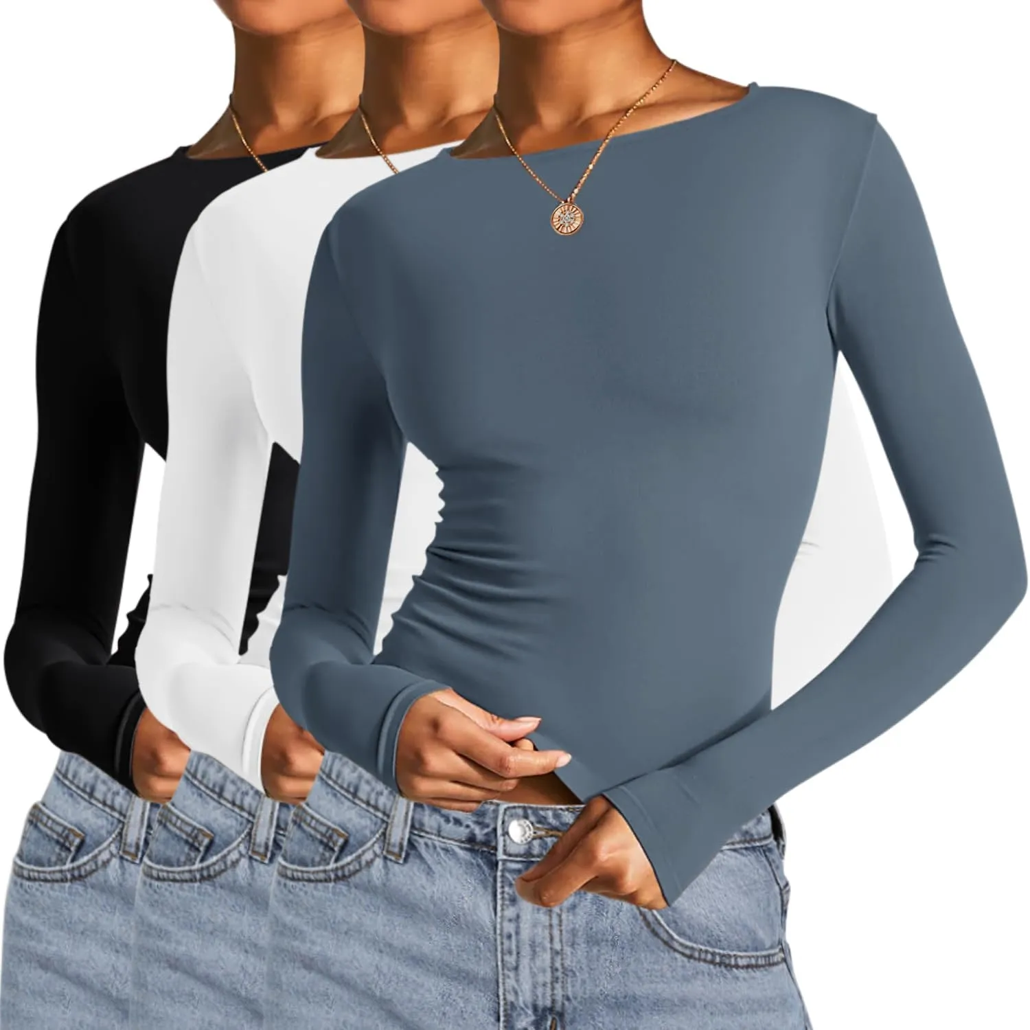 AKEWEI Long Sleeve Crop Tops for Women 2 Pack Fall Going Out Outfits Cute Tight Basic Tees Shirt