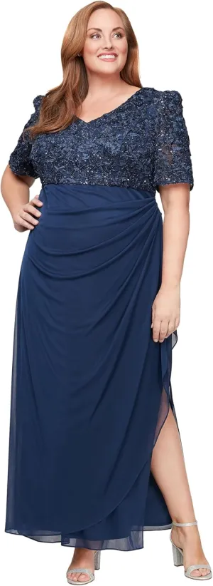 Alex Evenings Women's Long Stretch Sequin Bodice Mother of The Bride Dress with Empire Waist (Plus Size)