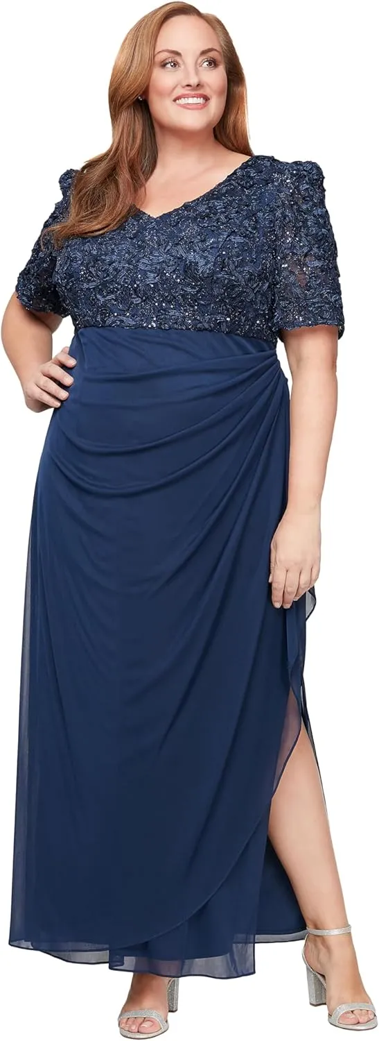 Alex Evenings Women's Long Stretch Sequin Bodice Mother of The Bride Dress with Empire Waist (Plus Size)