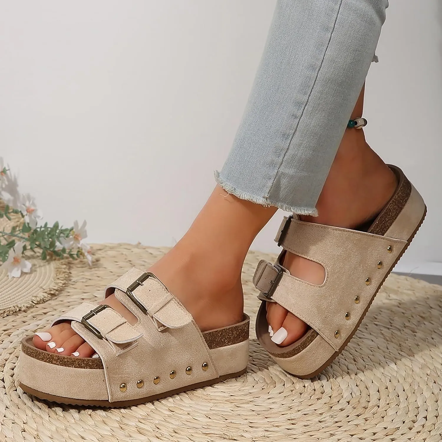 AMDBEL Sandals for Women 2024,Women's Cork Platform Sandals Slip on Mules and Clogs Double Buckle Straps Summer Slipper Shoes
