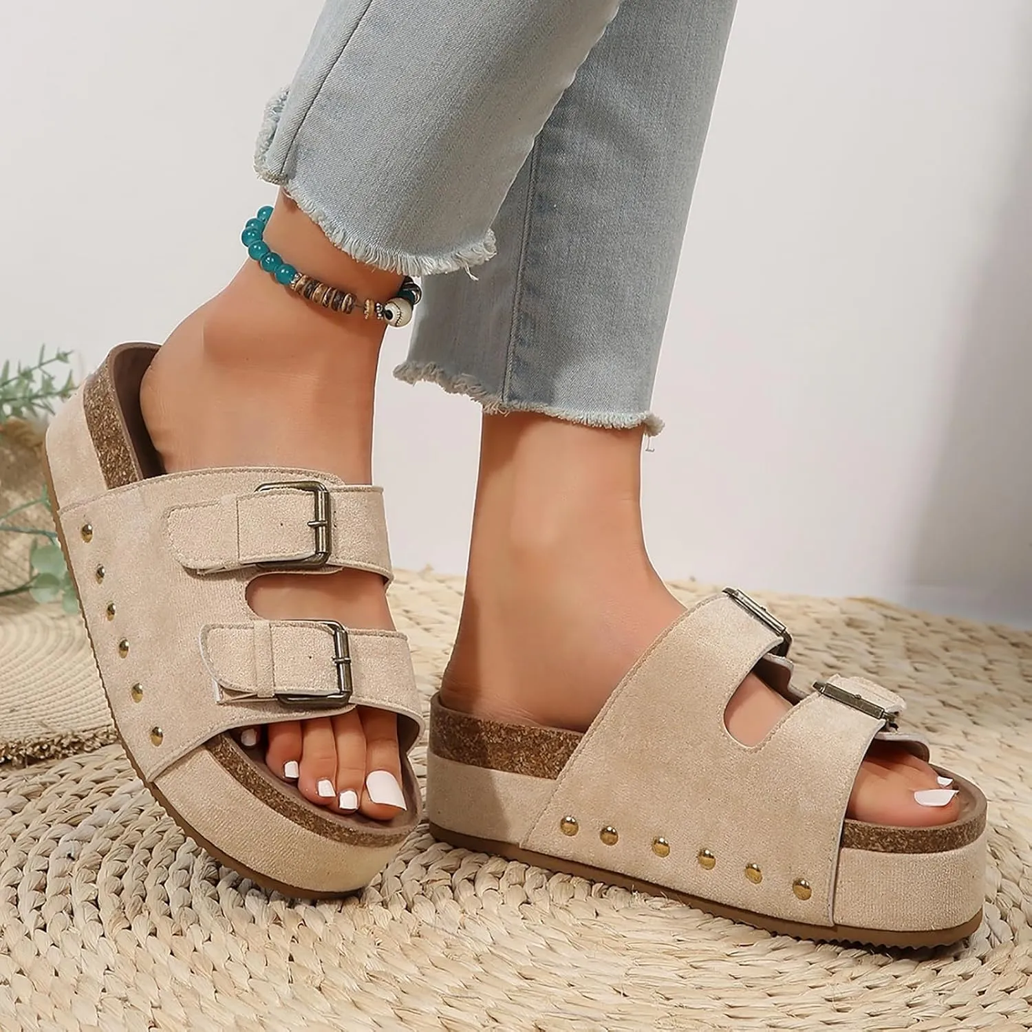 AMDBEL Sandals for Women 2024,Women's Cork Platform Sandals Slip on Mules and Clogs Double Buckle Straps Summer Slipper Shoes