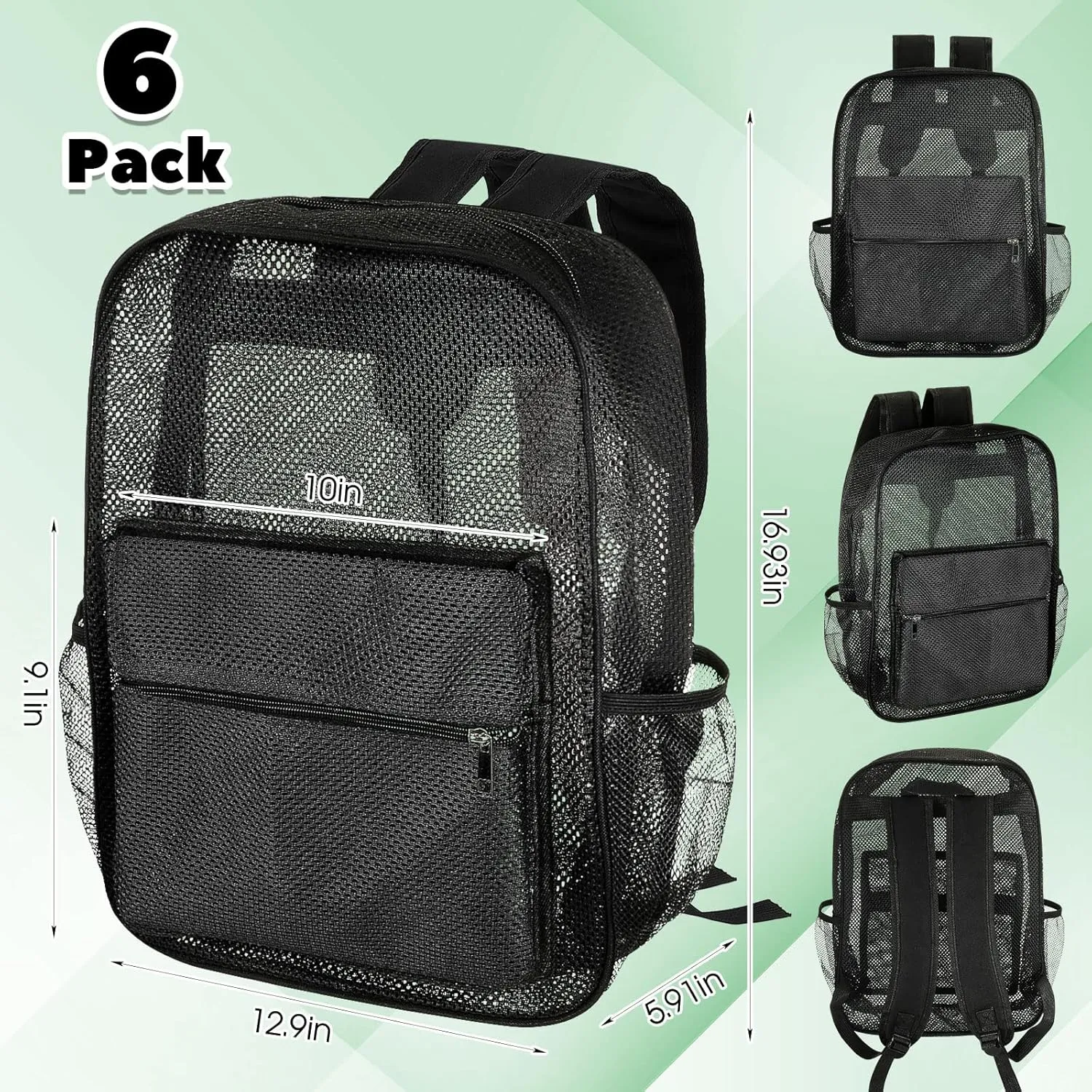 Amylove 6 Pcs Mesh Backpacks Bulk 17 Inch See Through Backpack in Bulk Heavy Duty Beach Bag for Sports Travel (Black)