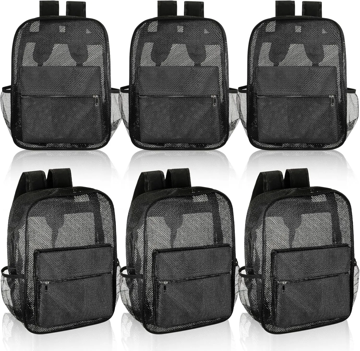 Amylove 6 Pcs Mesh Backpacks Bulk 17 Inch See Through Backpack in Bulk Heavy Duty Beach Bag for Sports Travel (Black)