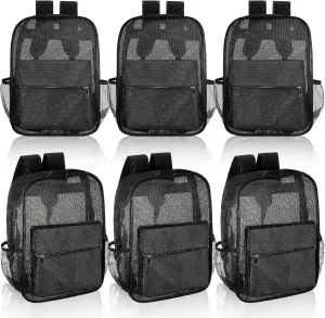 Amylove 6 Pcs Mesh Backpacks Bulk 17 Inch See Through Backpack in Bulk Heavy Duty Beach Bag for Sports Travel (Black)