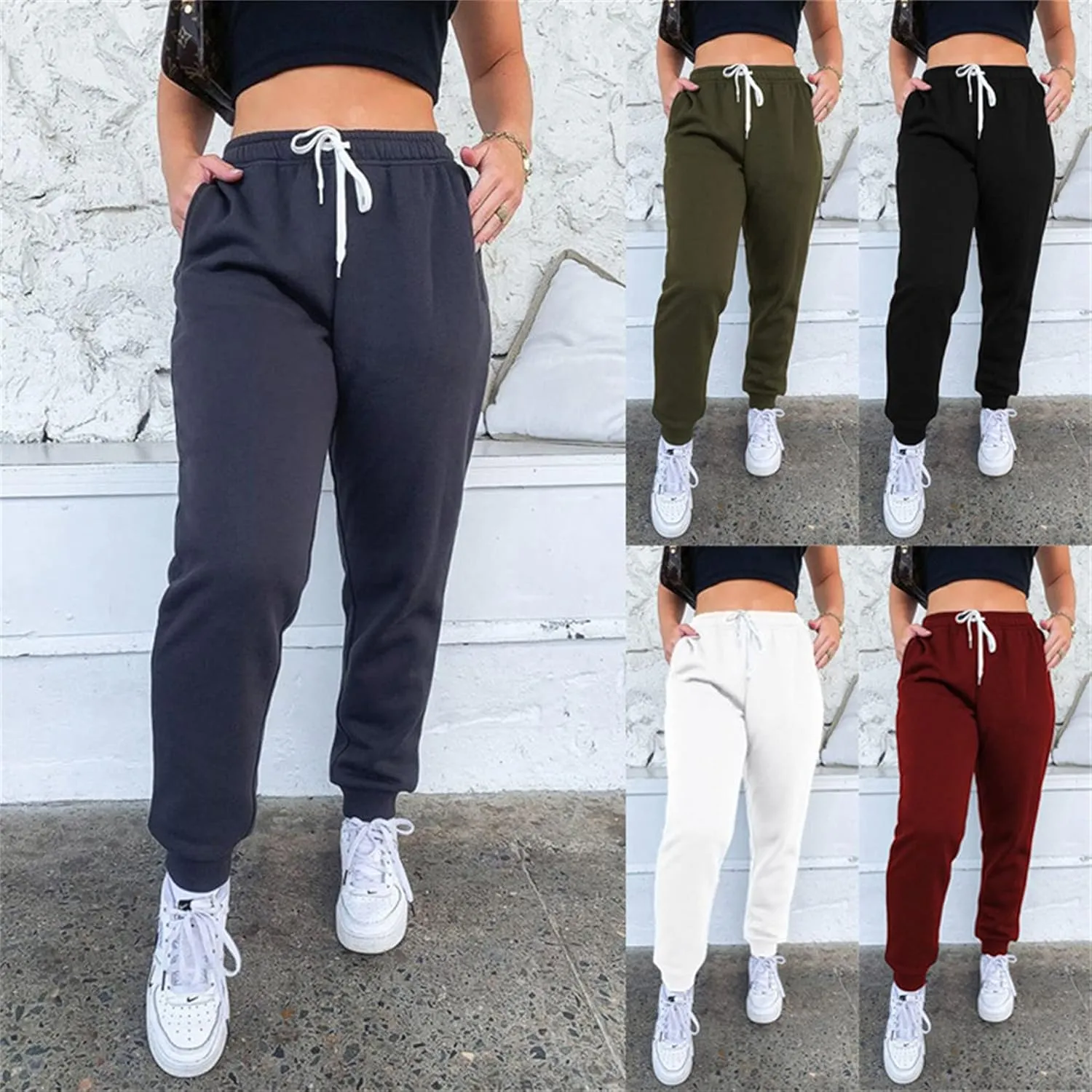 Andongnywell Womens Solid Color High Waist Joggers Sweatpants Drawstring Track Long Pants with Pockets Trousers