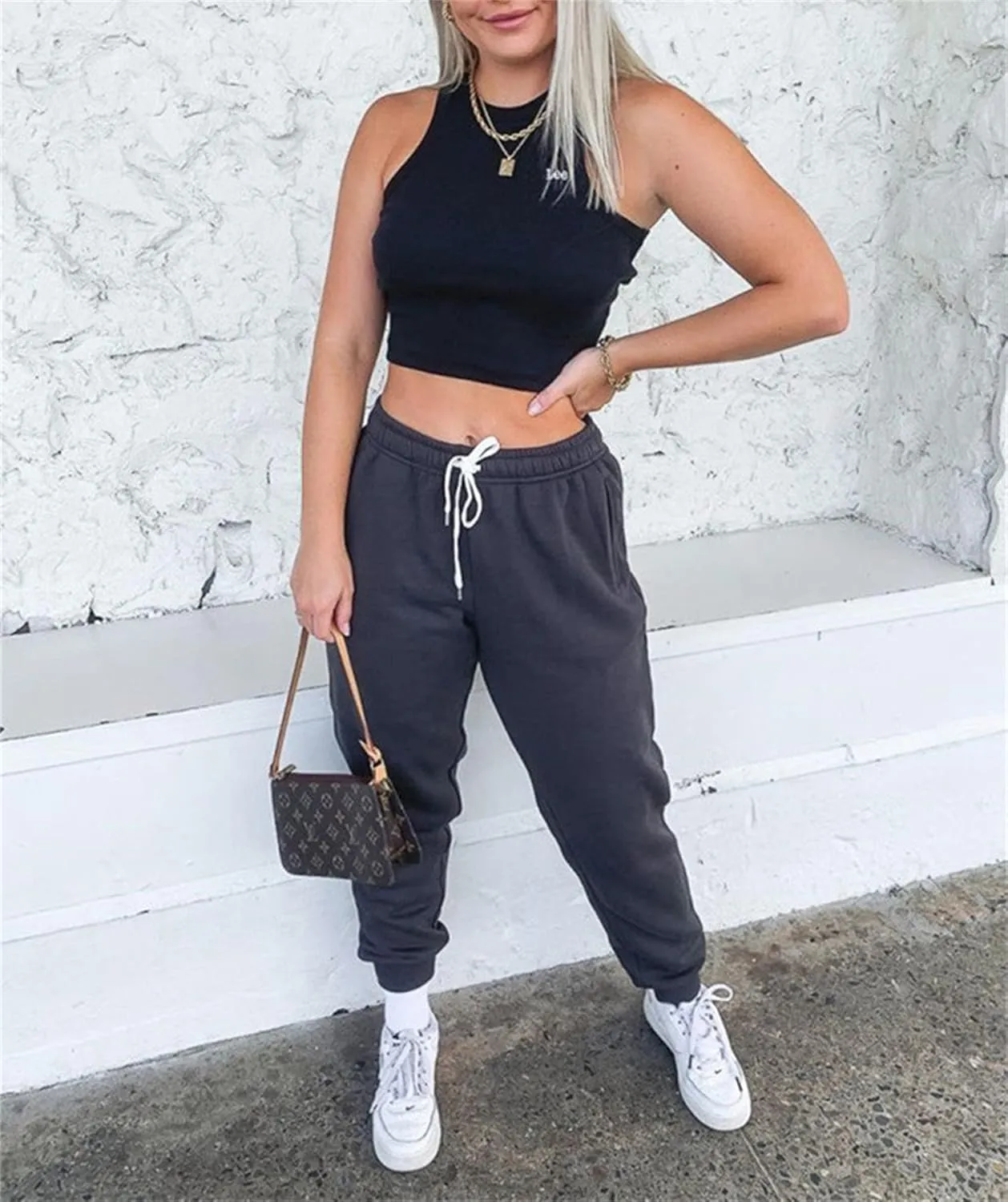 Andongnywell Womens Solid Color High Waist Joggers Sweatpants Drawstring Track Long Pants with Pockets Trousers