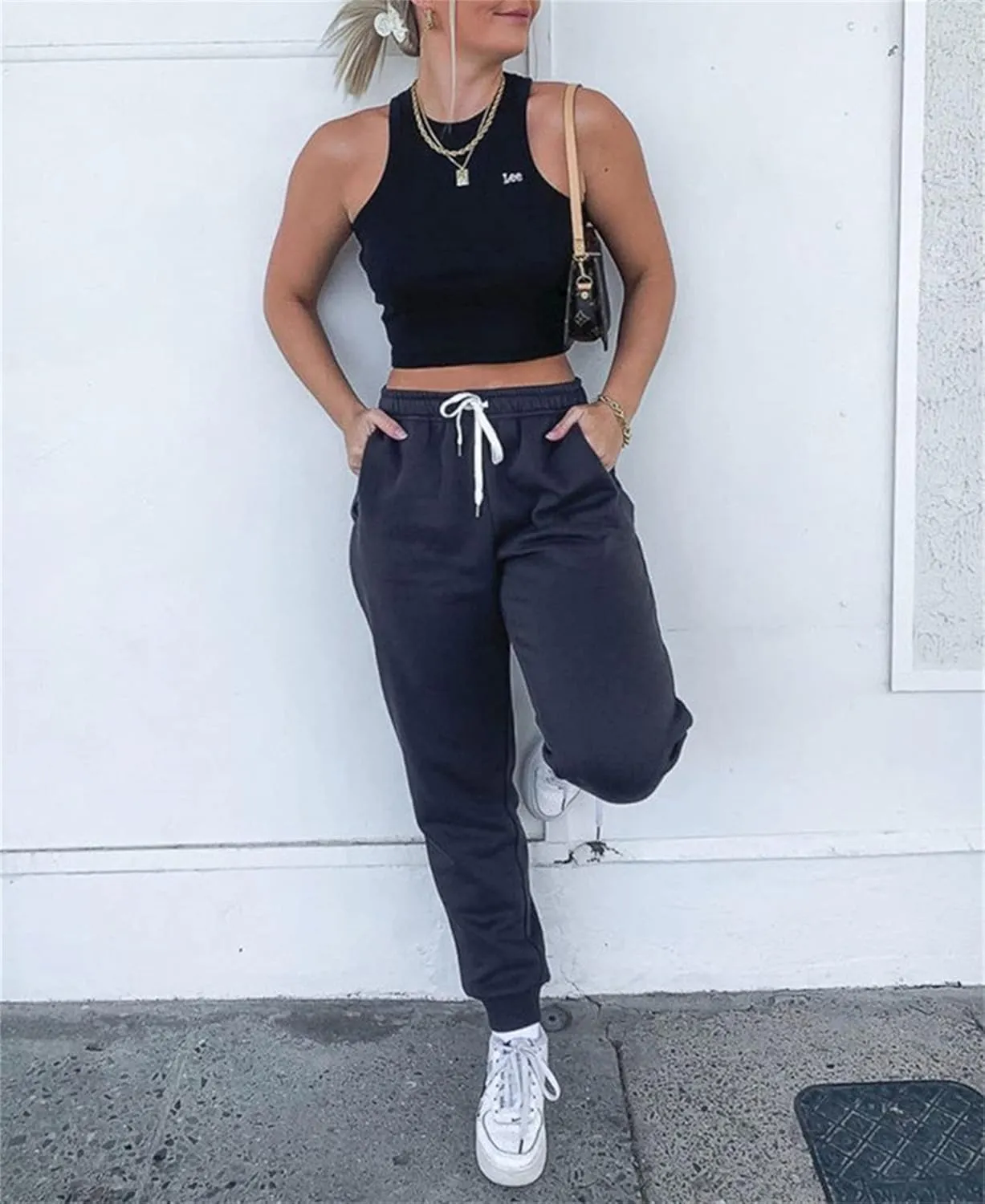 Andongnywell Womens Solid Color High Waist Joggers Sweatpants Drawstring Track Long Pants with Pockets Trousers