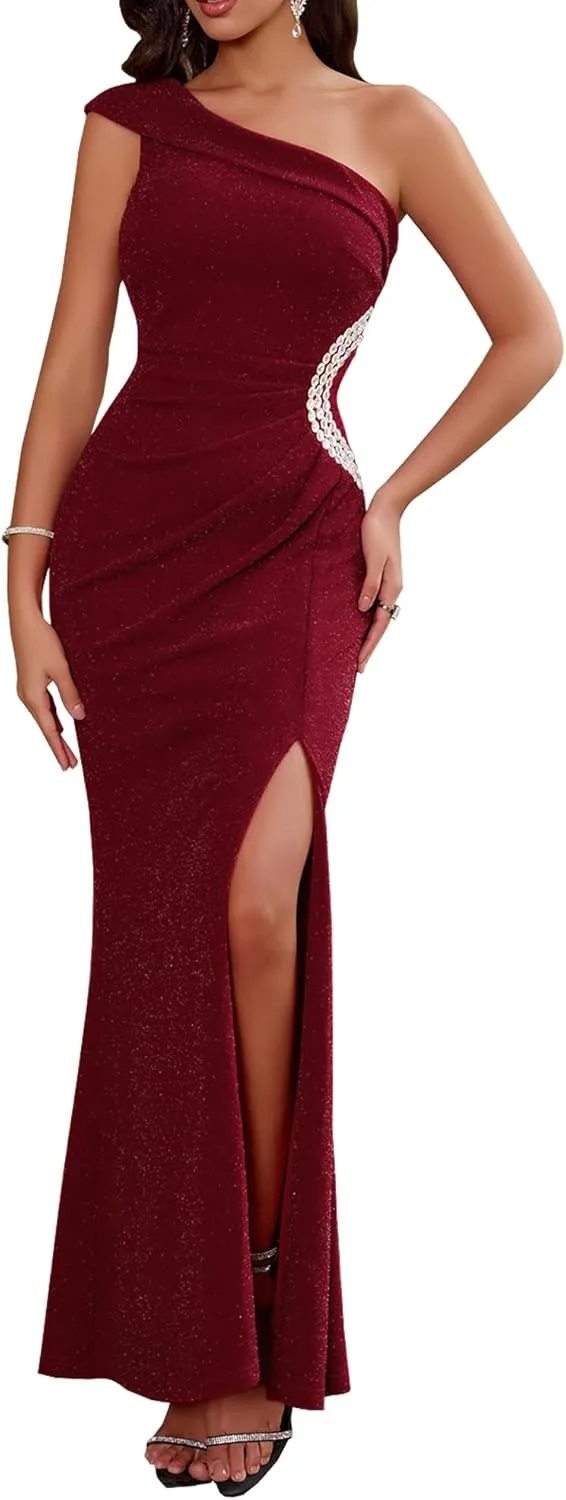 Angel-fashions Women's One Shoulder Ruching Beading Ribbon Soft Evening Gown