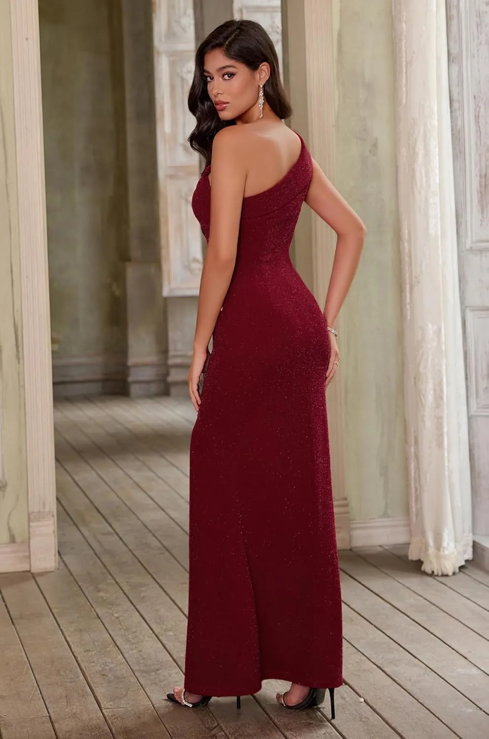 Angel-fashions Women's One Shoulder Ruching Beading Ribbon Soft Evening Gown