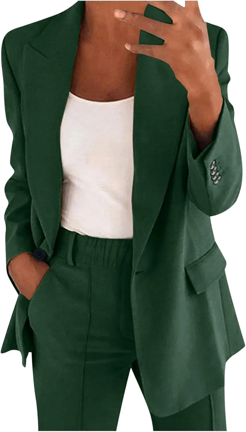 Aniywn Blazer Sets Women 2 Piece Outfits Dressy Business Work Jacket Outfits Casual Pant Suits Plus Size Wide Pants Suit Set