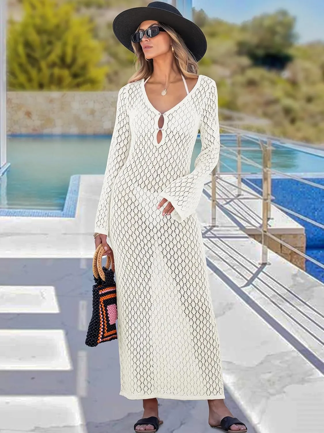 ANRABESS Women Swimsuit Swim Crochet Cover Up Knit Bathing Suit Swimwear 2025 Summer Bodycon Beach Dress Vacation Clothes