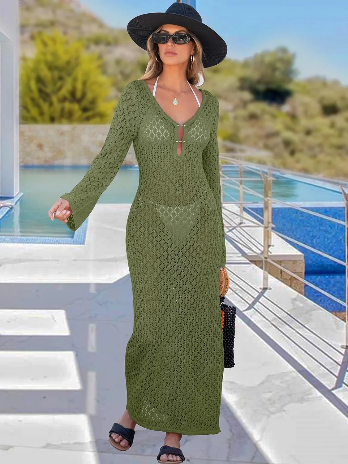 ANRABESS Women Swimsuit Swim Crochet Cover Up Knit Bathing Suit Swimwear 2025 Summer Bodycon Beach Dress Vacation Clothes