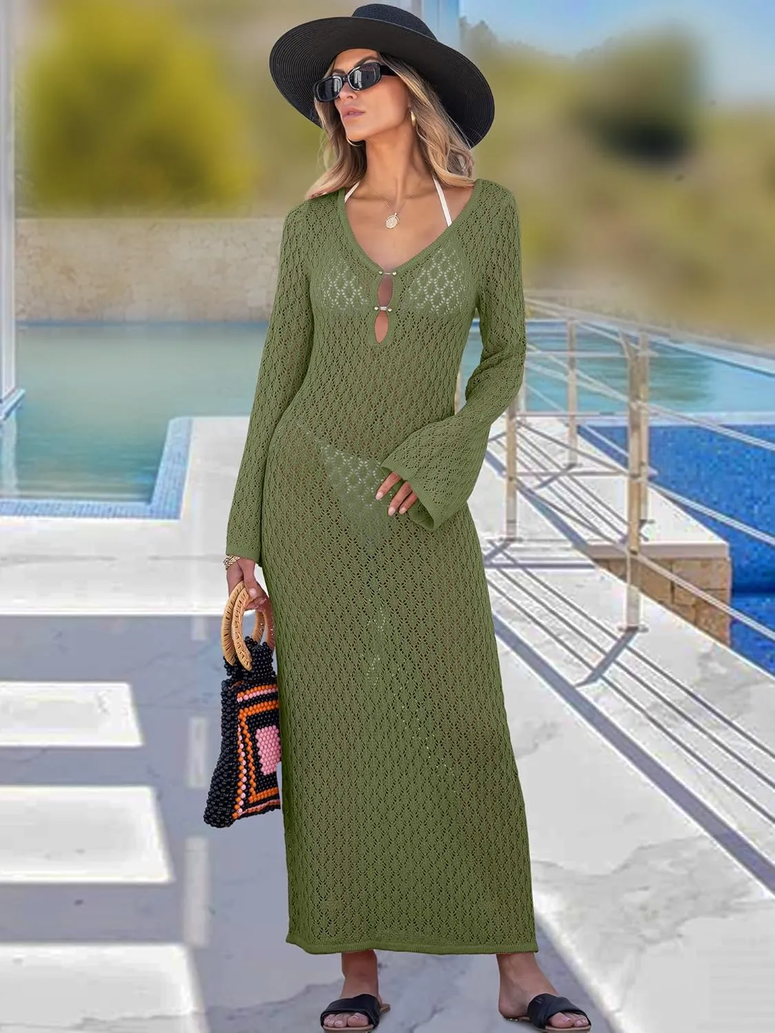 ANRABESS Women Swimsuit Swim Crochet Cover Up Knit Bathing Suit Swimwear 2025 Summer Bodycon Beach Dress Vacation Clothes