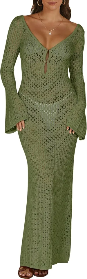 ANRABESS Women Swimsuit Swim Crochet Cover Up Knit Bathing Suit Swimwear 2025 Summer Bodycon Beach Dress Vacation Clothes