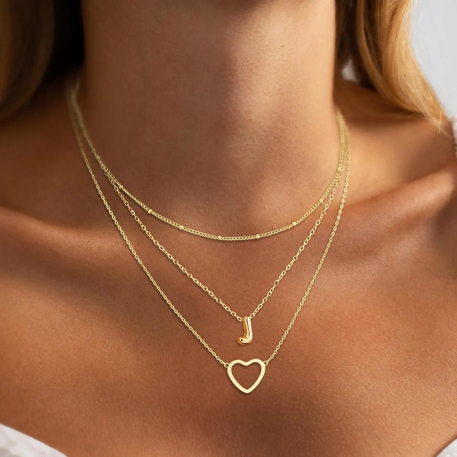ASCOMY Gold Necklace for Women 14K Gold Plated Initial Necklaces Layered Heart Letter Necklace Layered Heart Pendant Necklace Alphabet A-Z Charm Necklaces Personalized Jewelry Gift for Women