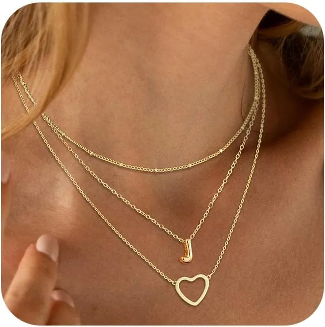 ASCOMY Gold Necklace for Women 14K Gold Plated Initial Necklaces Layered Heart Letter Necklace Layered Heart Pendant Necklace Alphabet A-Z Charm Necklaces Personalized Jewelry Gift for Women