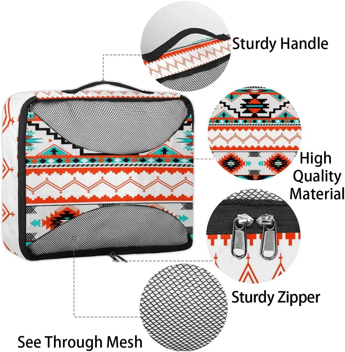 Aztec Pattern Travel Packing Cubes 4 Set, Ethnic Painted Luggage Packing Organizers Carry on Suitcase Storage Mesh Bags Accessories