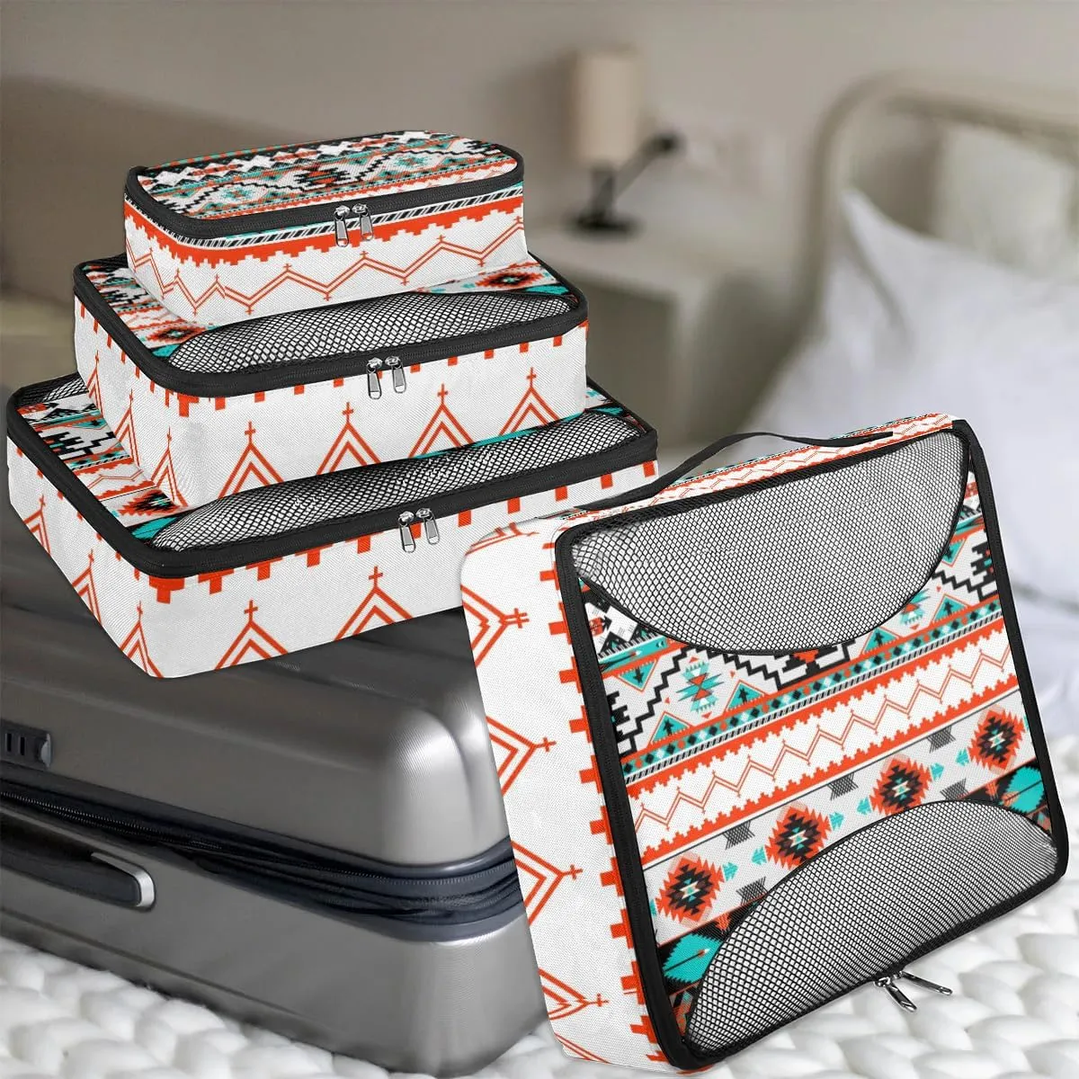 Aztec Pattern Travel Packing Cubes 4 Set, Ethnic Painted Luggage Packing Organizers Carry on Suitcase Storage Mesh Bags Accessories