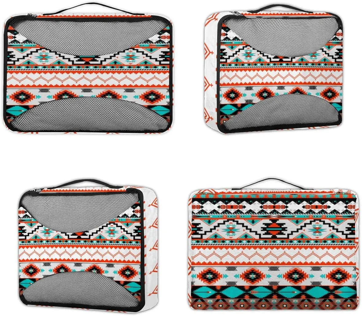 Aztec Pattern Travel Packing Cubes 4 Set, Ethnic Painted Luggage Packing Organizers Carry on Suitcase Storage Mesh Bags Accessories