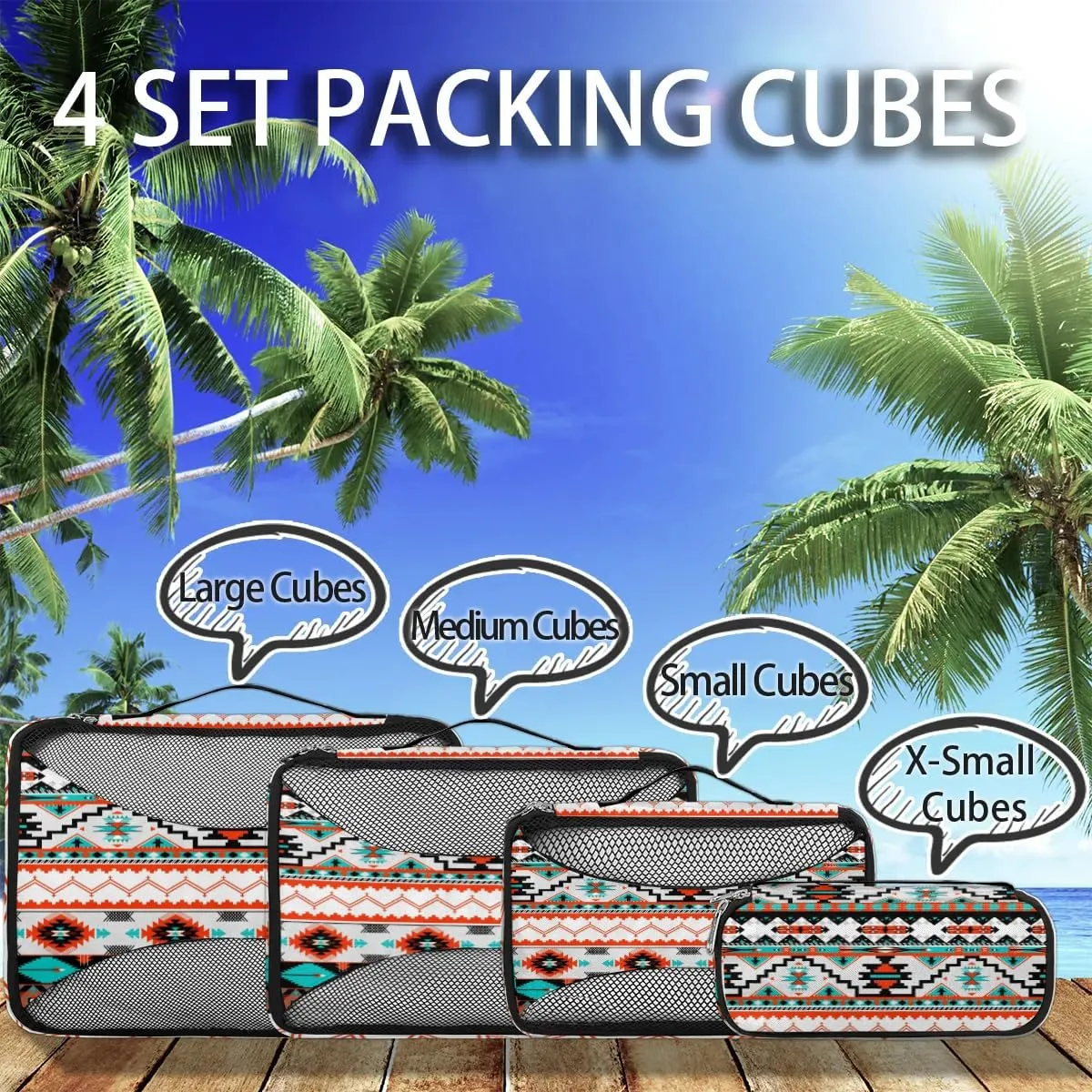 Aztec Pattern Travel Packing Cubes 4 Set, Ethnic Painted Luggage Packing Organizers Carry on Suitcase Storage Mesh Bags Accessories