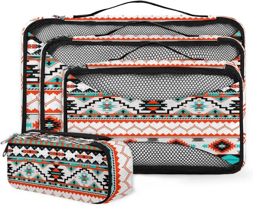 Aztec Pattern Travel Packing Cubes 4 Set, Ethnic Painted Luggage Packing Organizers Carry on Suitcase Storage Mesh Bags Accessories