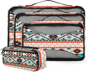Aztec Pattern Travel Packing Cubes 4 Set, Ethnic Painted Luggage Packing Organizers Carry on Suitcase Storage Mesh Bags Accessories