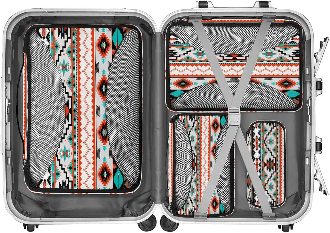 Aztec Pattern Travel Packing Cubes 4 Set, Ethnic Painted Luggage Packing Organizers Carry on Suitcase Storage Mesh Bags Accessories