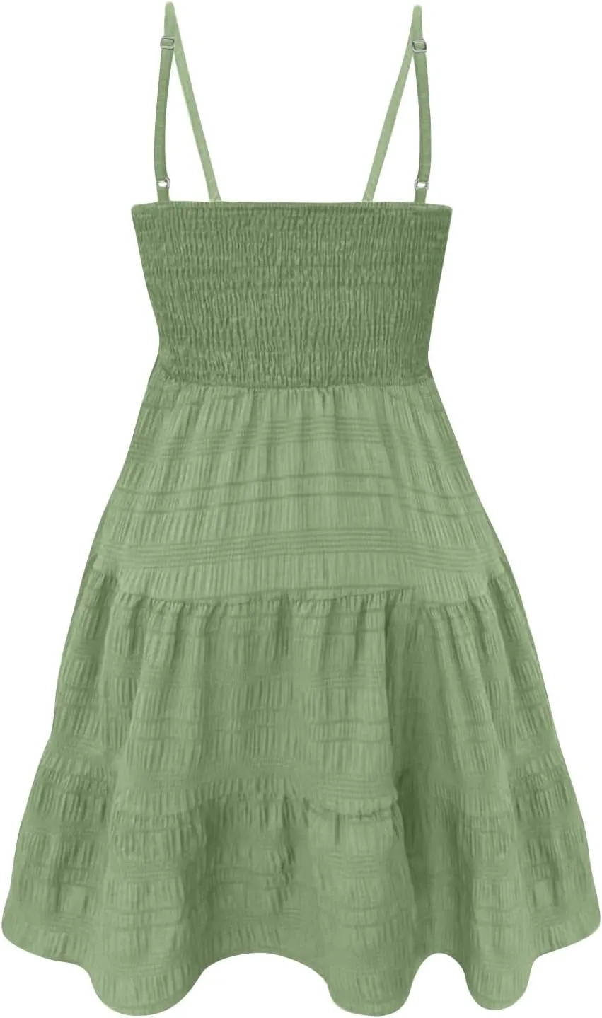 Babydoll Dresses for Women 2025 Casual Smocked Spaghetti Strap Square Neck Cami Dress Adjustable Beach Skater Sundress