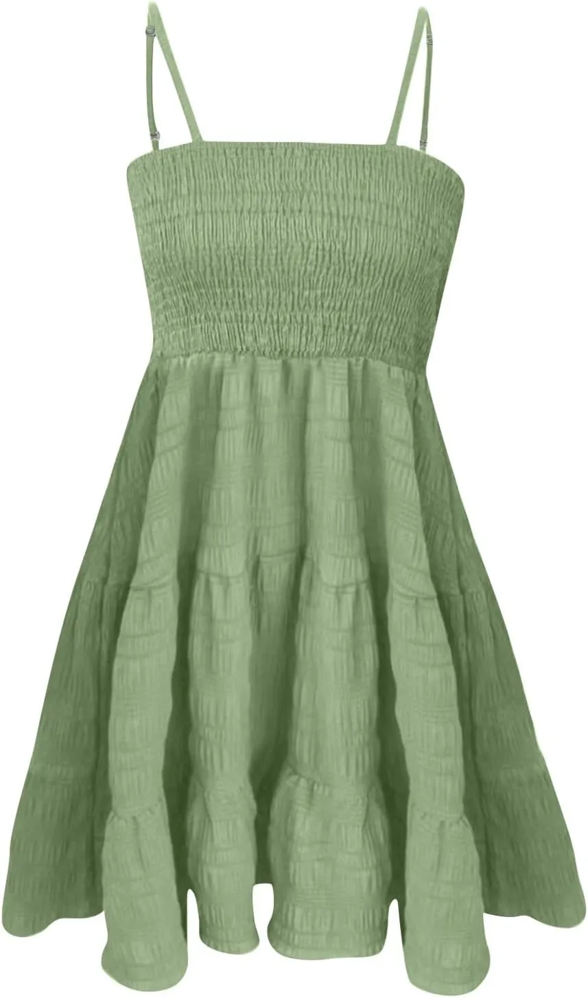Babydoll Dresses for Women 2025 Casual Smocked Spaghetti Strap Square Neck Cami Dress Adjustable Beach Skater Sundress