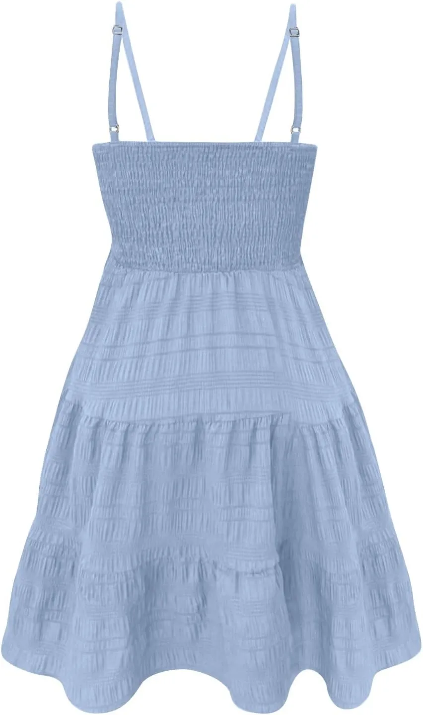 Babydoll Dresses for Women 2025 Casual Smocked Spaghetti Strap Square Neck Cami Dress Adjustable Beach Skater Sundress