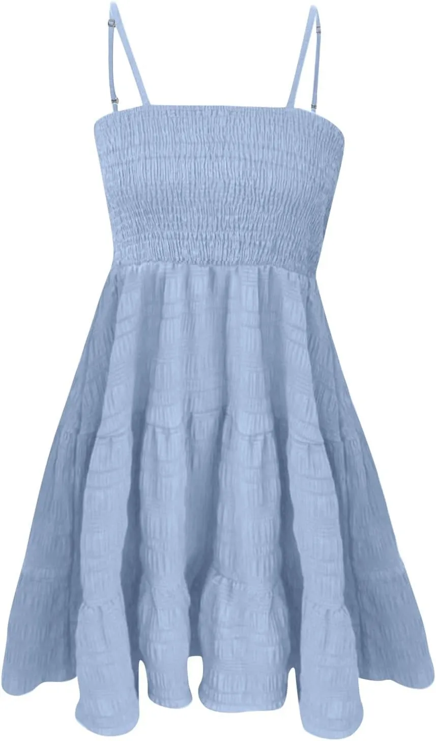 Babydoll Dresses for Women 2025 Casual Smocked Spaghetti Strap Square Neck Cami Dress Adjustable Beach Skater Sundress
