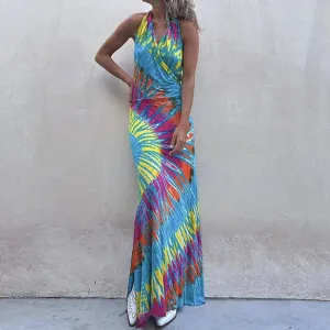 Backless Pattern Print One Piece Retro Fashion Slim V-neck Halter Ruffles Floral Sexy Dress