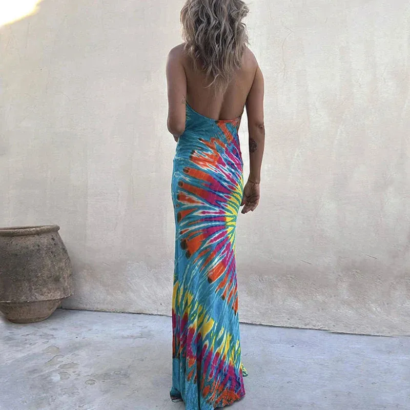 Backless Pattern Print One Piece Retro Fashion Slim V-neck Halter Ruffles Floral Sexy Dress