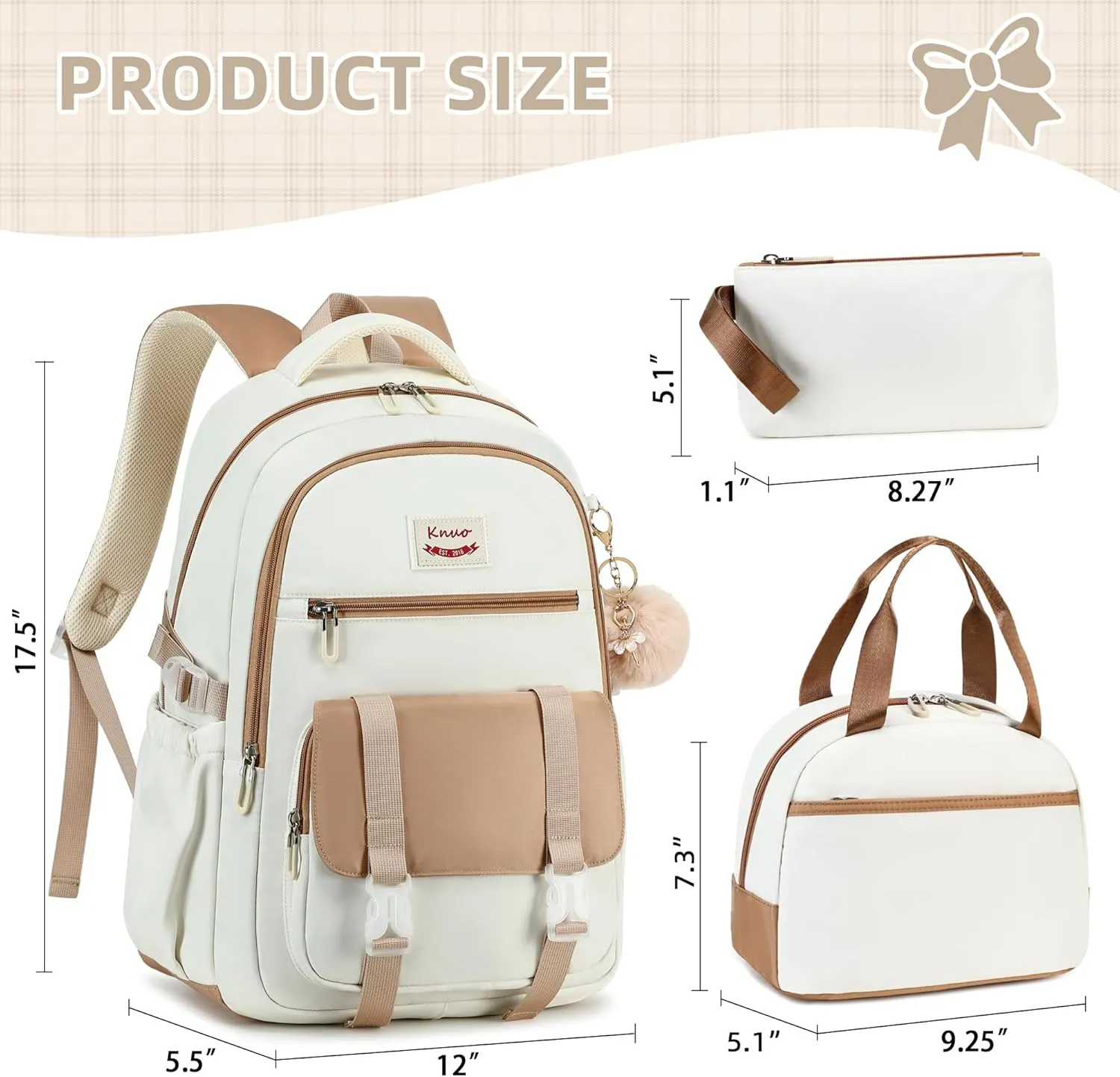 Backpacks for Girls,Laptop Bags for Women Men,3pcs Backpack with Lunch Bag Pencil Pouch Case for Teens Girl Kids Bookbag Elementary Middle School College Back Packs Student Daypack Beige Set