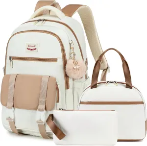 Backpacks for Girls,Laptop Bags for Women Men,3pcs Backpack with Lunch Bag Pencil Pouch Case for Teens Girl Kids Bookbag Elementary Middle School College Back Packs Student Daypack Beige Set