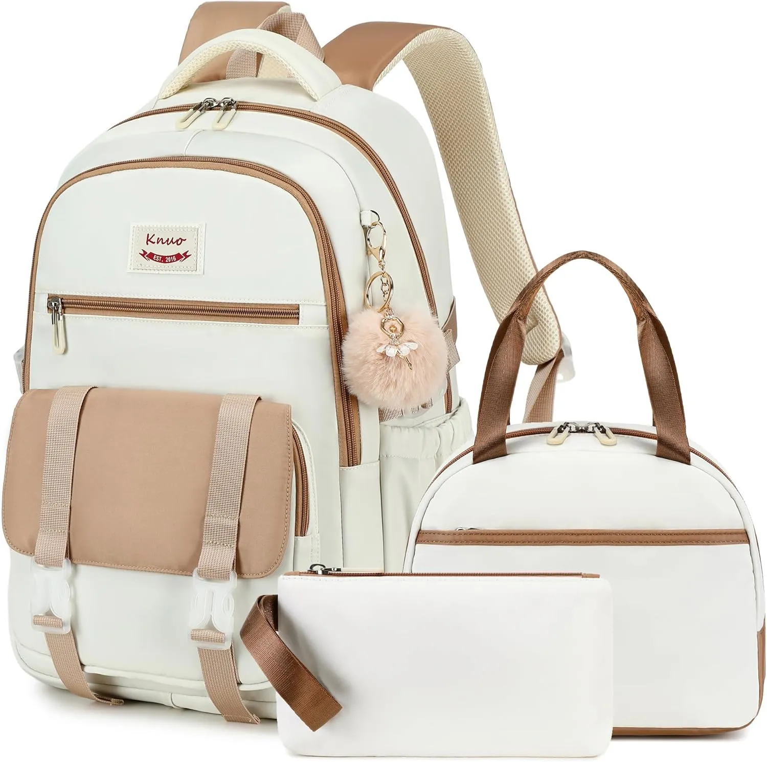Backpacks for Girls,Laptop Bags for Women Men,3pcs Backpack with Lunch Bag Pencil Pouch Case for Teens Girl Kids Bookbag Elementary Middle School College Back Packs Student Daypack Beige Set