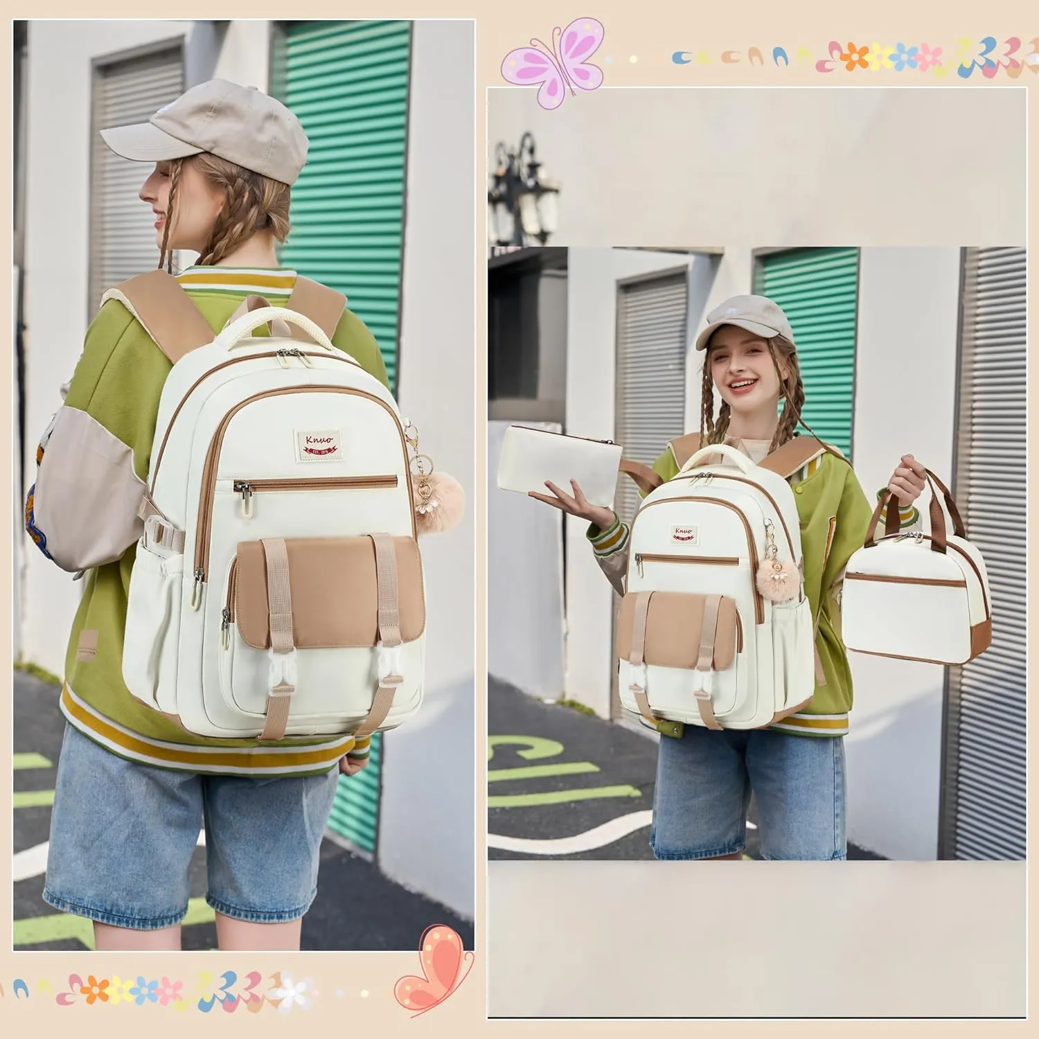 Backpacks for Girls,Laptop Bags for Women Men,3pcs Backpack with Lunch Bag Pencil Pouch Case for Teens Girl Kids Bookbag Elementary Middle School College Back Packs Student Daypack Beige Set