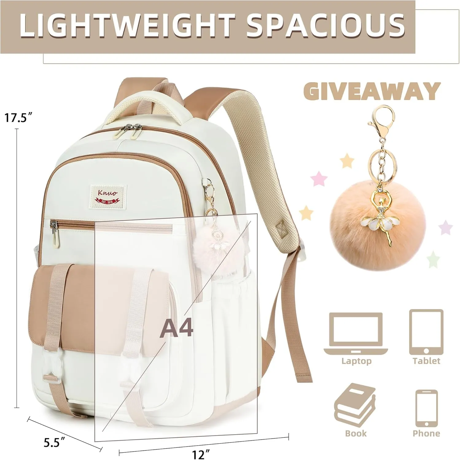 Backpacks for Girls,Laptop Bags for Women Men,3pcs Backpack with Lunch Bag Pencil Pouch Case for Teens Girl Kids Bookbag Elementary Middle School College Back Packs Student Daypack Beige Set